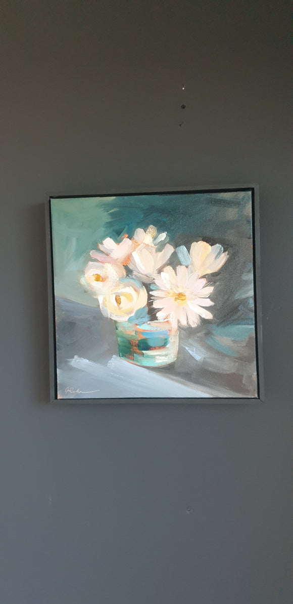 Chrysanthemums and White Roses - Framed Oil on Exhibition Canvas 300 mm x 300 mm